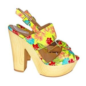 QUPID Open Toe Clog Heels Slingback Peep Toe Shoe Size 7.5 Yellow Floral Wood